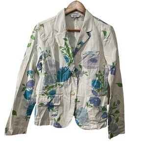 Izod Women's Floral Blazer Large White Blue Green Jacket Garden‎ Print Preppy